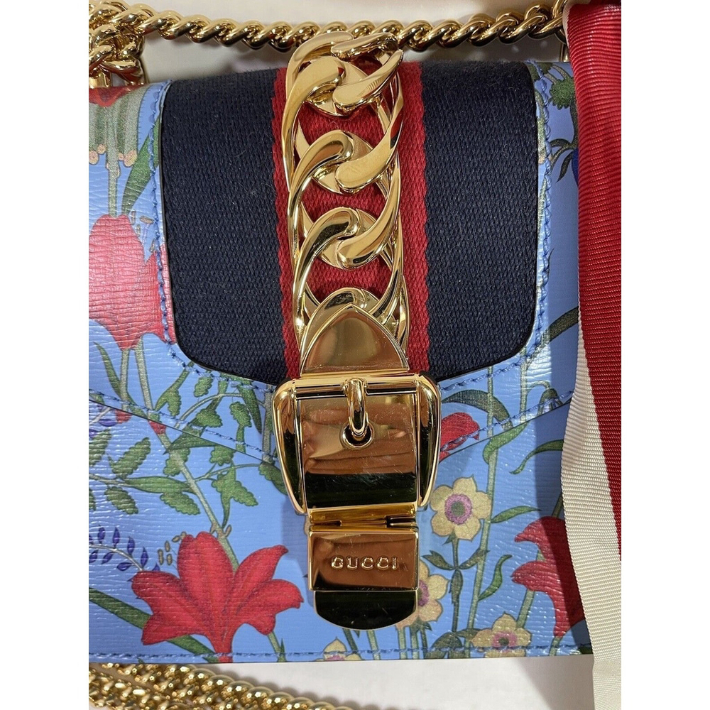 Gucci Sylvie Azure Blue Flora Chain Strap Leather Shoulder Bag #431666 L/N - Picture 3 of 14